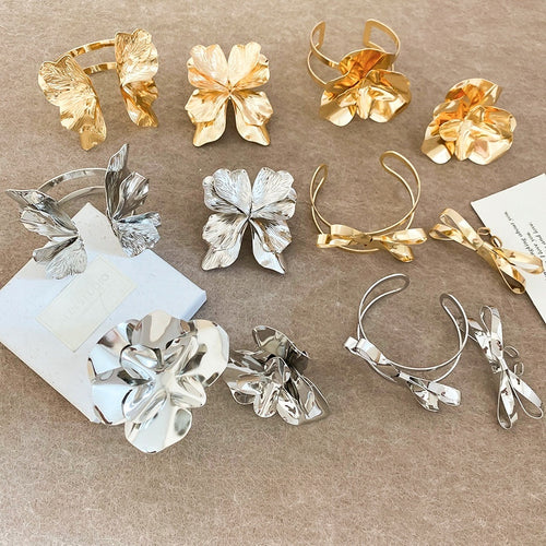 European Style Iron Crumpled Flower Open Ring Bracelet Jewelry Set For Women