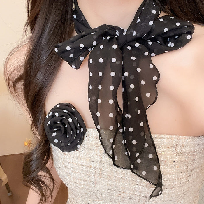 Vintage Polka Dot Ribbon Scarf Necklace With Swarovski Pearls Floral Old Money Fashion Accessory