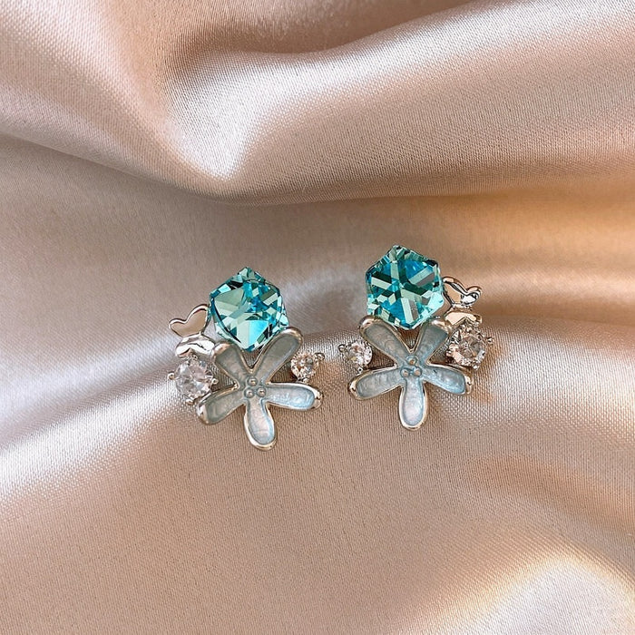 Korean Minimalist Glass Enamel Flower Starfish Stud Earrings With Rhinestones And Silver Pins