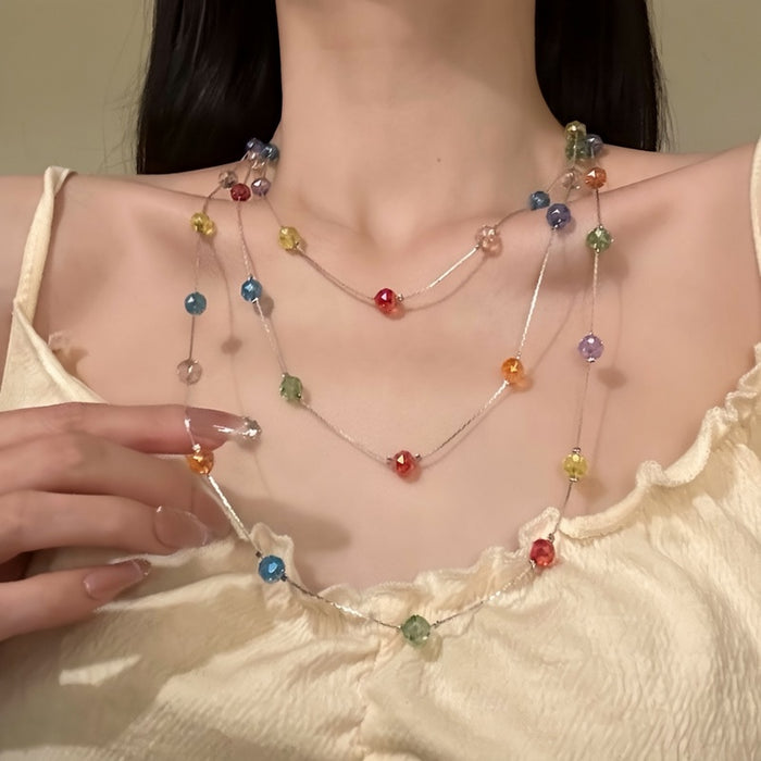 Light Luxury Colorful Glass Bead Layered Necklace Minimalist Geometric Round Choker