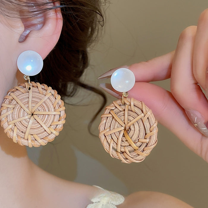 Ethnic Style Rattan Woven Resin Cat Eye Stone Round Stud Earrings for Women
