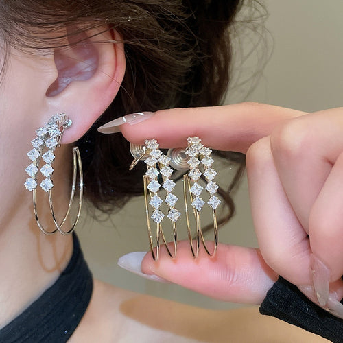 Korean Minimalist Copper Zircon Double Layer Round Clip-on Earrings for Women