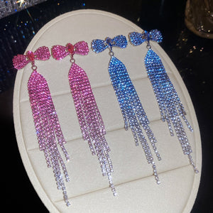 Copper Rhinestone Bow Tassel Drop Earrings With Silver Needle Posts For Women