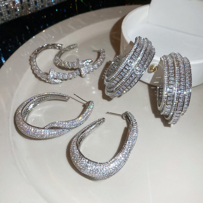 Luxury Full Zircon C Shape Copper Stud Earrings With Silver Pins For Banquet Party