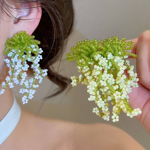 Fresh Forest Style Glass Crystal Flower Cluster Tassel Drop Earrings With Silver Pins