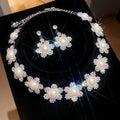 Court Style Old Money Copper Rhinestone Flower Pearl Stud Earrings Necklace Jewelry Set view 1