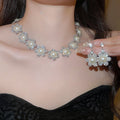 Court Style Old Money Copper Rhinestone Flower Pearl Stud Earrings Necklace Jewelry Set view 2