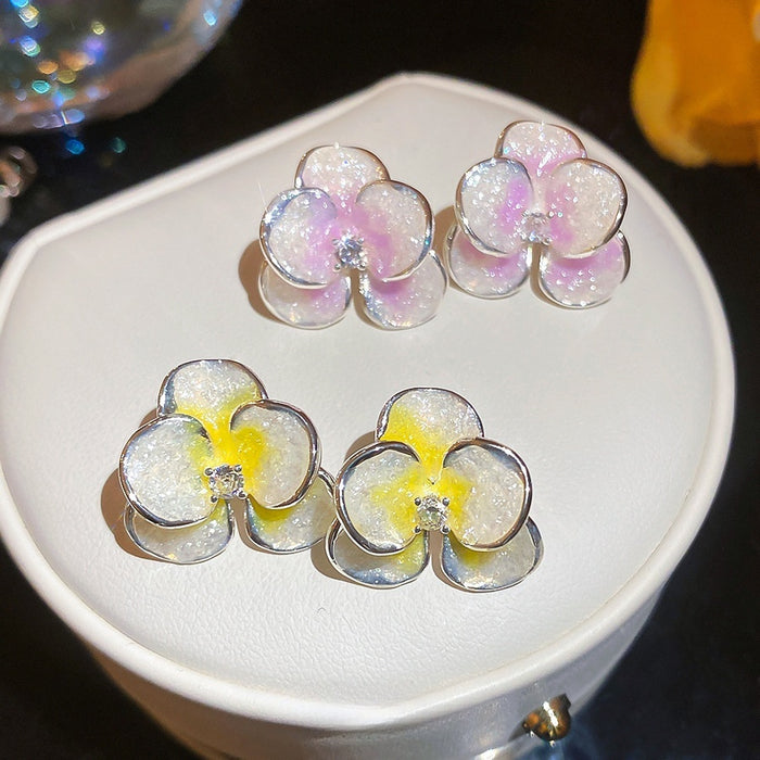Copper Flower Stud Earrings With Dopamine Drip Glaze Gradient Sweet Summer Style