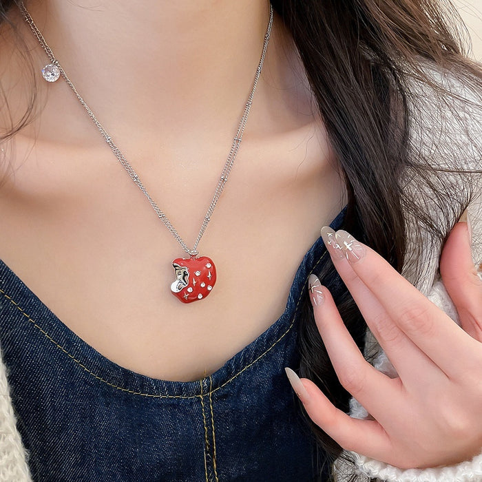 Stainless Steel French Minimalist Crystal Enamel Apple Pendant Necklace Light Luxury Clavicle Chain