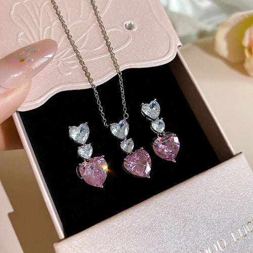 Korean Light Luxury Copper Zircon Heart Pendant Necklace And Earrings Jewelry Set For Women