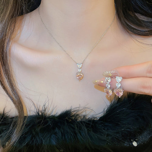 Korean Light Luxury Copper Zircon Heart Pendant Necklace And Earrings Jewelry Set For Women