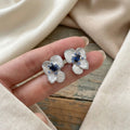 Elegant French Vintage Blue Crystal Rhinestone White Flower Studs Light Luxury Silver Needle Earrings view 2