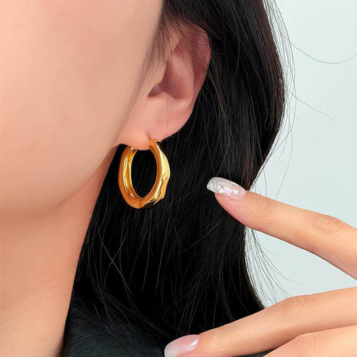French Minimalist Copper Hoop Earrings, Geometric Plain Ear Cuffs For Elegant OL Style