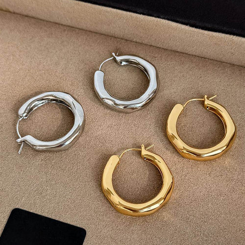 French Minimalist Copper Hoop Earrings, Geometric Plain Ear Cuffs For Elegant OL Style