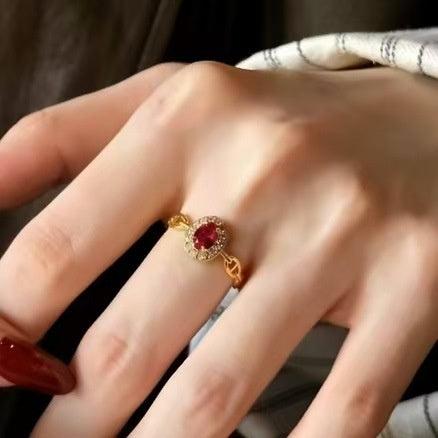 24K Gold Plated Copper Zircon Oval Open Ring Palace Style Luxury Index Finger Jewelry