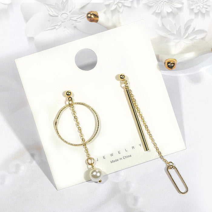 Mismatched Gold Open Circle Chain Pearl Look Stud Earrings