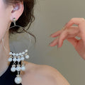French Vintage Faux Pearl Round Tassel Drop Earrings With Silver Pins Playful Geometric Style view 3