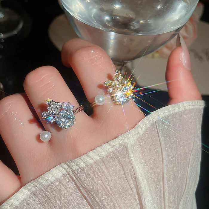 Zircon Butterfly Pearl Open Ring With French Elegant Design For Women