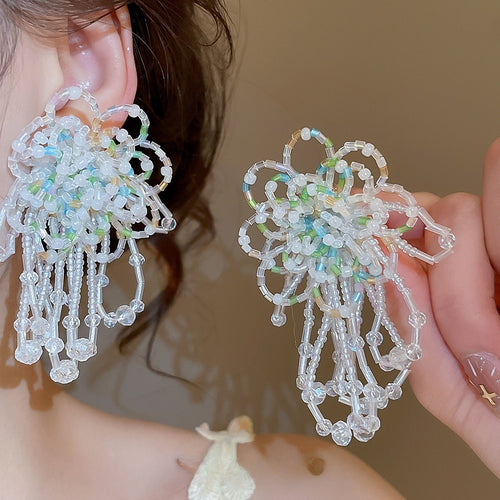 Vacation Style Glass Crystal Beaded Flower Tassel Drop Earrings With Silver Post