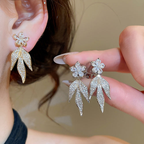 14K Gold Plated Copper Zircon Flower Clip-on Earrings For Women Fashion OL Non-Pierced Jewelry