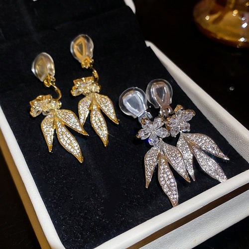 14K Gold Plated Copper Zircon Flower Clip-on Earrings For Women Fashion OL Non-Pierced Jewelry