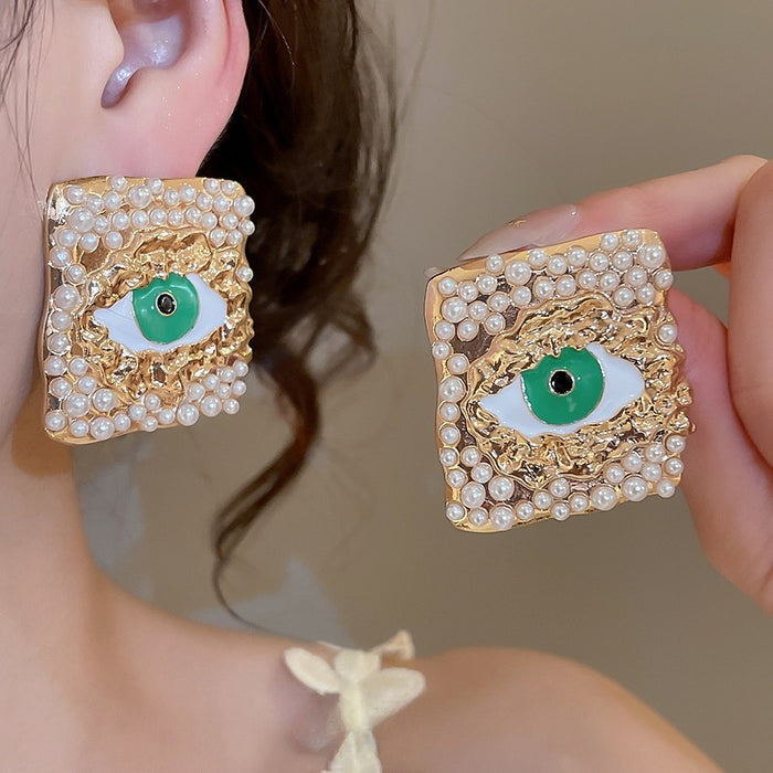 Faux Pearl Diamond Eye Enamel Stud Earrings Creative Statement Niche Style Women's Jewelry