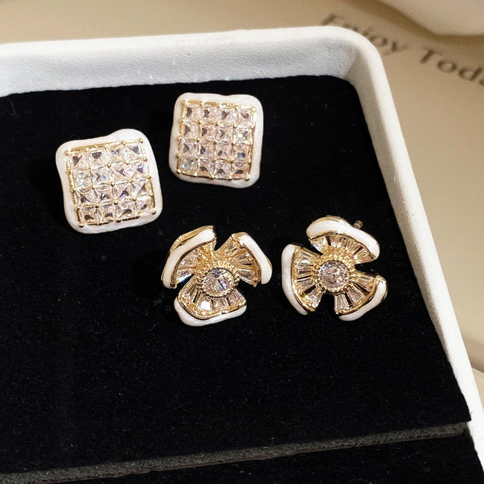 French Vintage Copper Square Flower Stud Earrings With Enamel And Full Zircon Accents