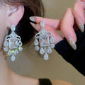 Copper Bird Cage Drop Earrings With Silver Pins, Full Rhinestone French Court Style Long Dangle Design view 3