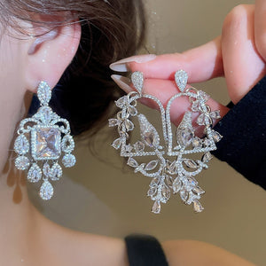 Copper Bird Cage Drop Earrings With Silver Pins, Full Rhinestone French Court Style Long Dangle Design