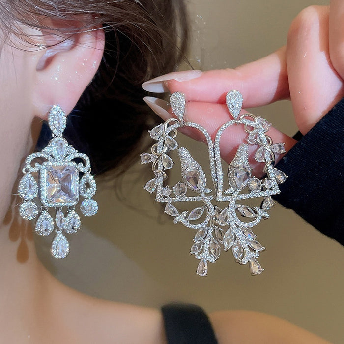Copper Bird Cage Drop Earrings With Silver Pins, Full Rhinestone French Court Style Long Dangle Design