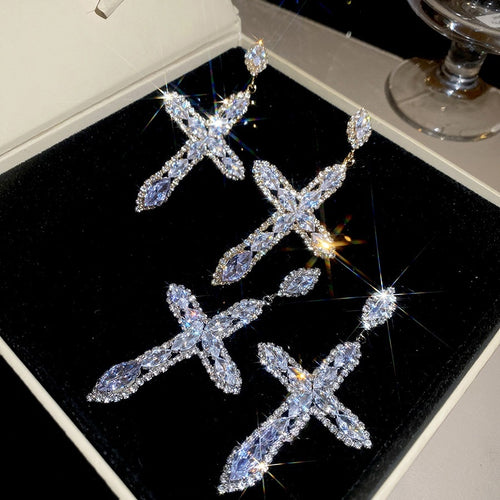 Copper Rhinestone Cross Drop Earrings Long Luxury Court Style Statement Jewelry for Women