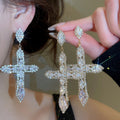 Copper Rhinestone Cross Drop Earrings Long Luxury Court Style Statement Jewelry for Women view 1