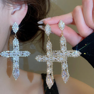 Copper Rhinestone Cross Drop Earrings Long Luxury Court Style Statement Jewelry for Women