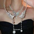 Court Style Faux Pearl Rhinestone Beaded Wing Flower Choker Necklace For Women view 1