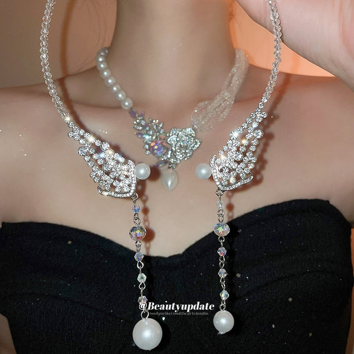 Court Style Faux Pearl Rhinestone Beaded Wing Flower Choker Necklace For Women
