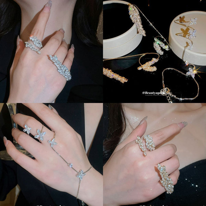 Copper Zircon Flower Bangle Ring Bracelet For Women Light Luxury Sparkling Hand Chain Jewelry