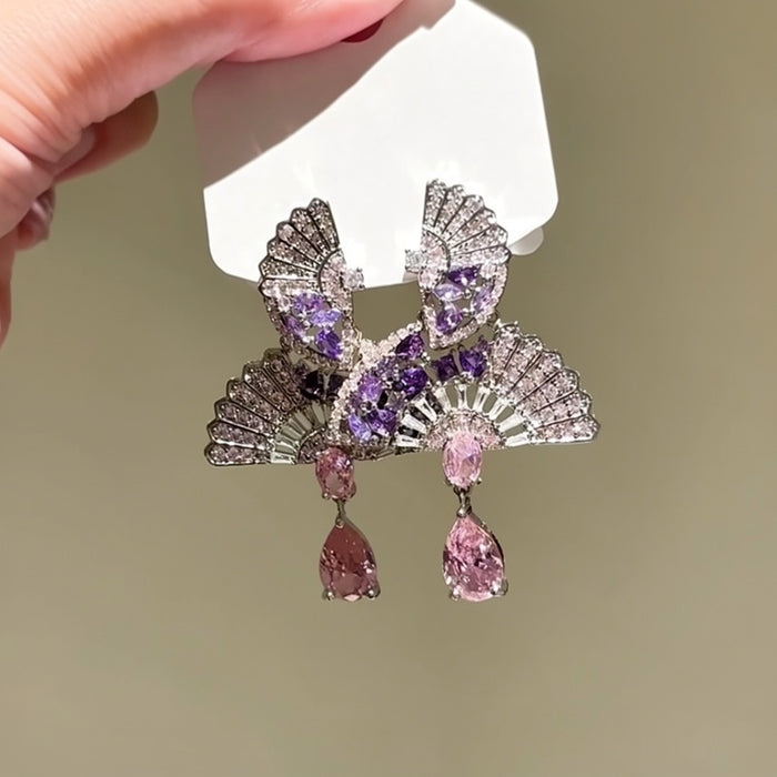 Copper Zircon Fan Teardrop Stud Earrings Elegant Luxury Banquet Dress Jewelry