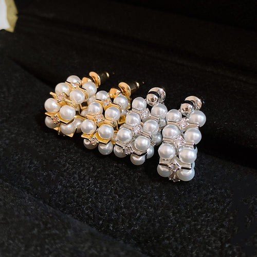 French Vintage Zircon Faux Pearl Stud Earrings With Silver Needle Geometric Round Office Style