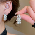 French Vintage Zircon Faux Pearl Stud Earrings With Silver Needle Geometric Round Office Style view 2