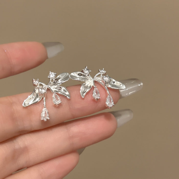 Korean Style Alloy Stud Earrings With Sparkling Zircon Butterfly Bow Floral Design For Elegant OL Fashion