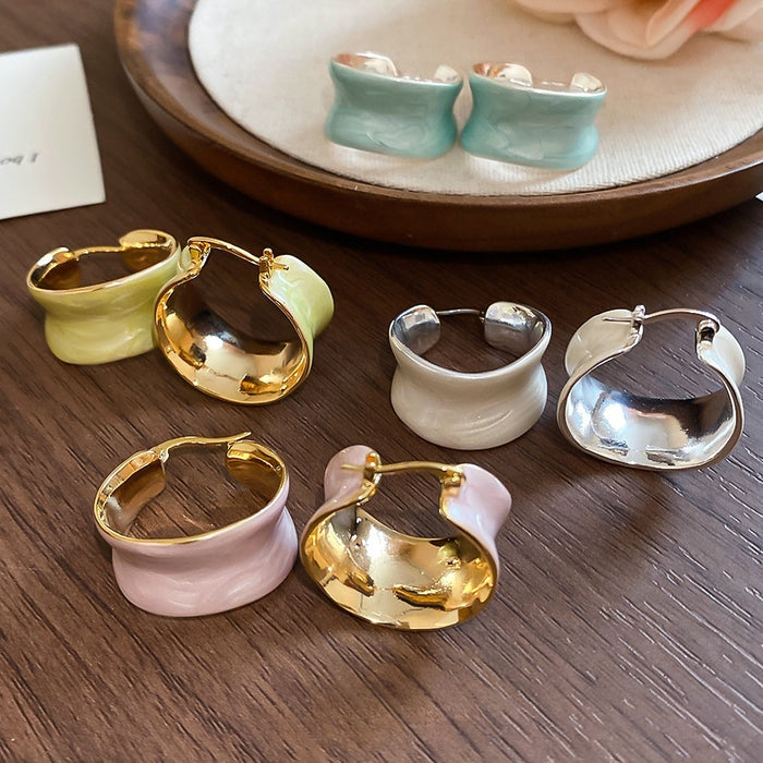 Simple Style Copper Drip Enamel C Shaped Hoop Earrings For Women, Geometric Round Elegant Jewelry