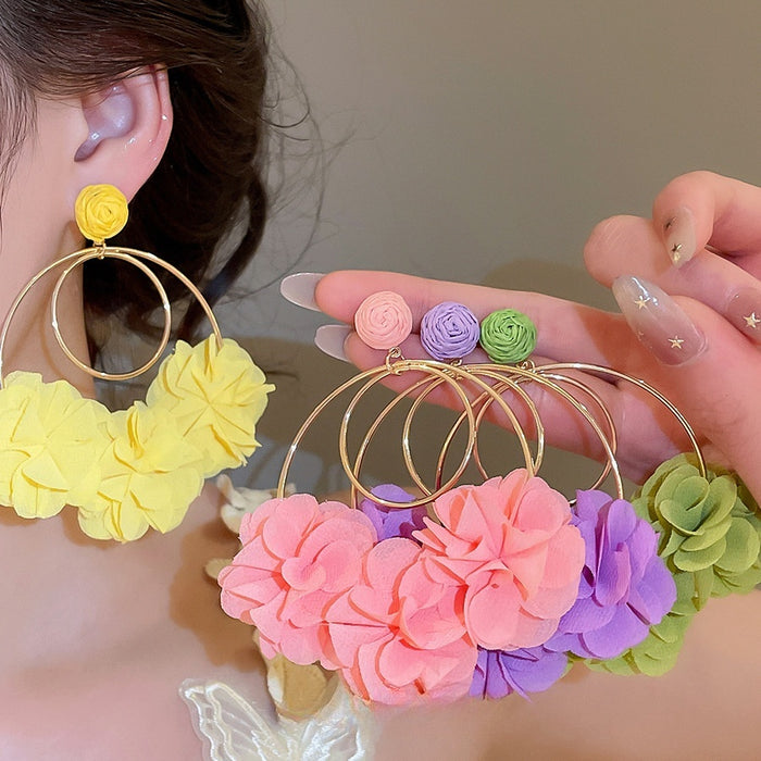 Chiffon Fabric Flower Stud Earrings, Round Floral Resort Style Statement Summer Jewelry