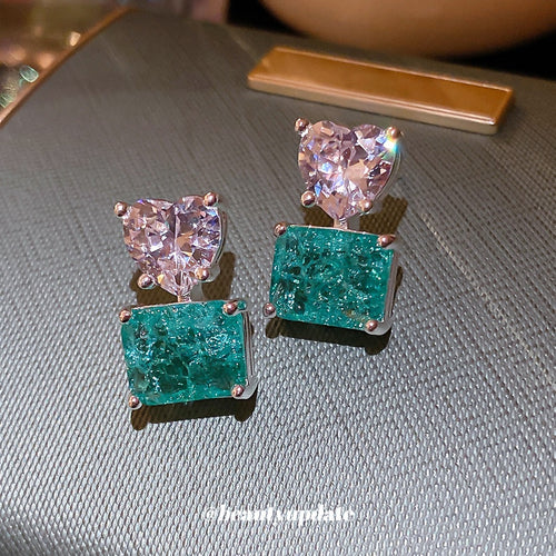 Light Luxury Copper Zircon Heart Square Stud Earrings With Silver Pins For Women