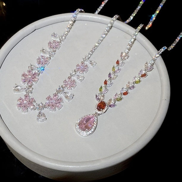 Old Money Pink Zircon Flower Teardrop Copper Collarbone Necklace For Women