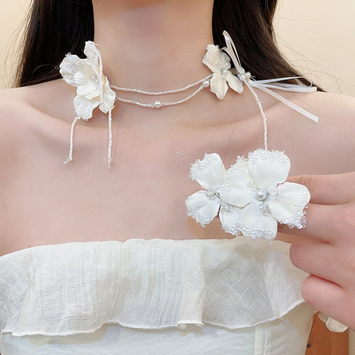 Elegant French Multilayer Silk Satin Ribbon Flower Stud Earrings Necklace Jewelry Set For Women