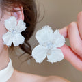 Elegant French Multilayer Silk Satin Ribbon Flower Stud Earrings Necklace Jewelry Set For Women view 3