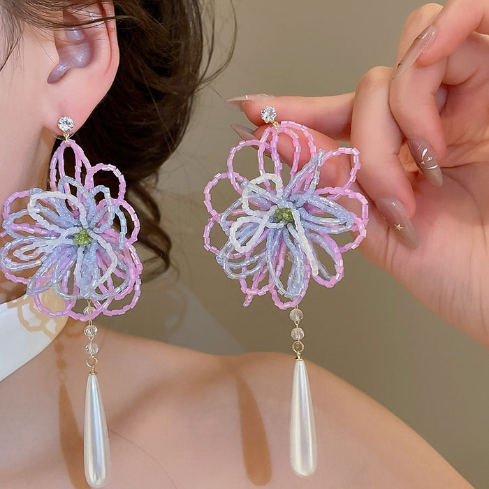 Glass Seed Bead Flower Stud Earrings With Silver Posts, Sweet Vacation Style