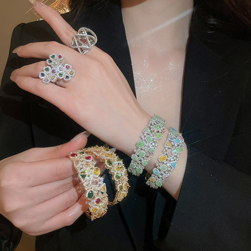 Luxury Full Zircon Copper Open Bangle With Geometric Triangle Square Vintage Court Style