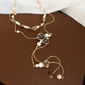 Old Money Faux Pearl Sweater Necklace With Rhinestone Flower Beaded Design For Women view 2