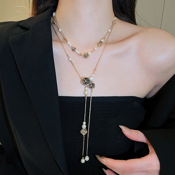 Old Money Faux Pearl Sweater Necklace With Rhinestone Flower Beaded Design For Women